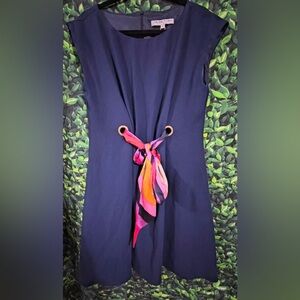 NWT Trina Turk Simple Blue dress with colorful scarf through a gold ring -Size L